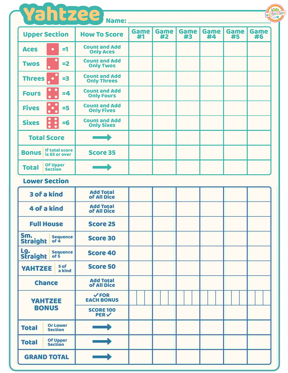 Pdf Yahtzee Score Sheet Printable
