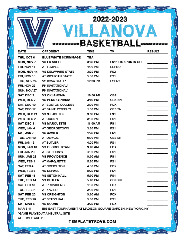 Printable 2022 2023 Villanova Wildcats Basketball Schedule Printable 2022 2023 Villanova Wildcats Basketball Schedule