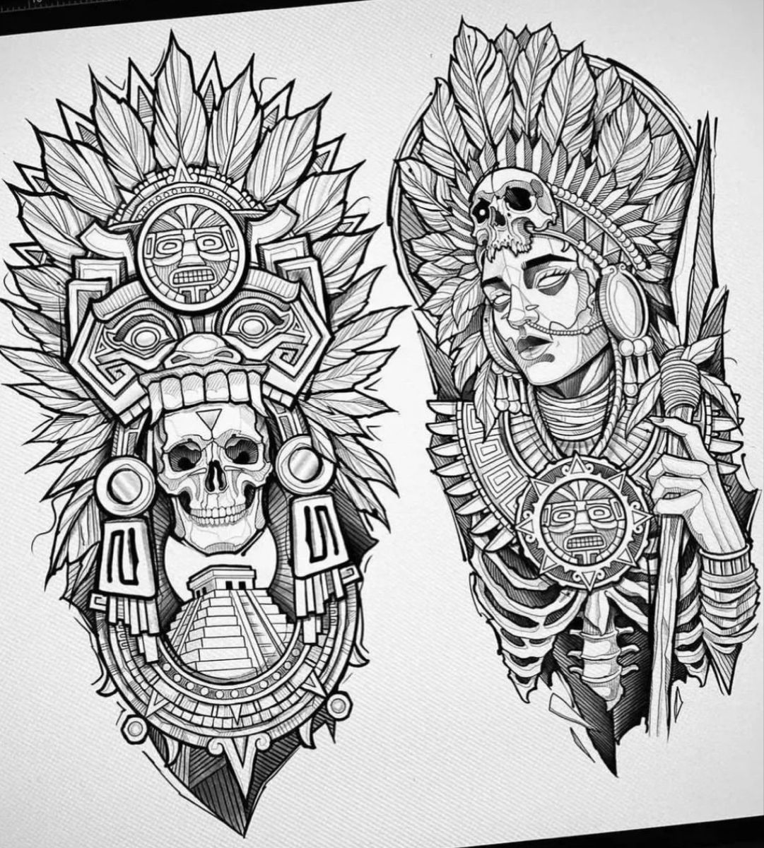 Tattoo Design Stencil Aztec Skull With Ceremonial Head Dress And Zia Tattoo Design Stencil Aztec Skull With Ceremonial Head Dress And Zia